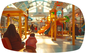 Parent and child watching kids play in a bright indoor playground with slides and seating