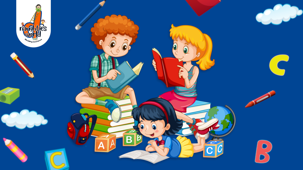 Cartoon illustration of happy kids playing together, one riding a bicycle and others jumping with excitement.