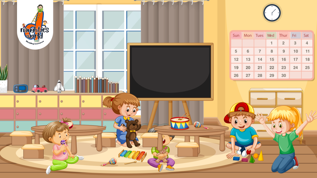 Cartoon of children playing with toys and musical instruments inside a colorful preschool classroom