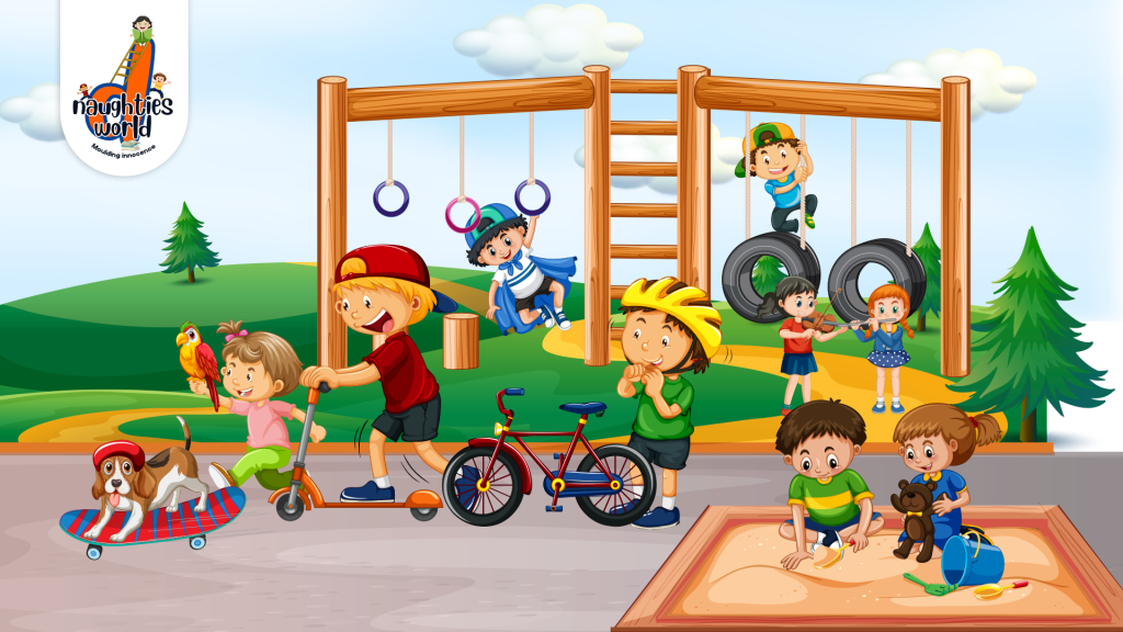 Cartoon of kids playing in a playground with swings, bicycle, scooter, sandpit, and outdoor activities.