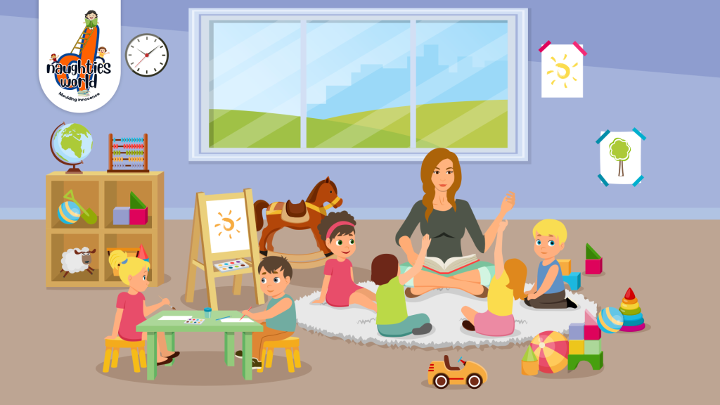 Cartoon of a teacher reading to children in a preschool classroom with toys, books, and learning activities
