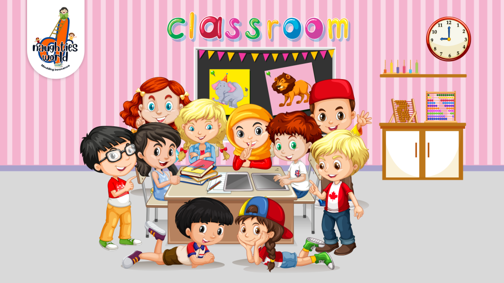 Kids in a colorful classroom learning and playing together with books and activities