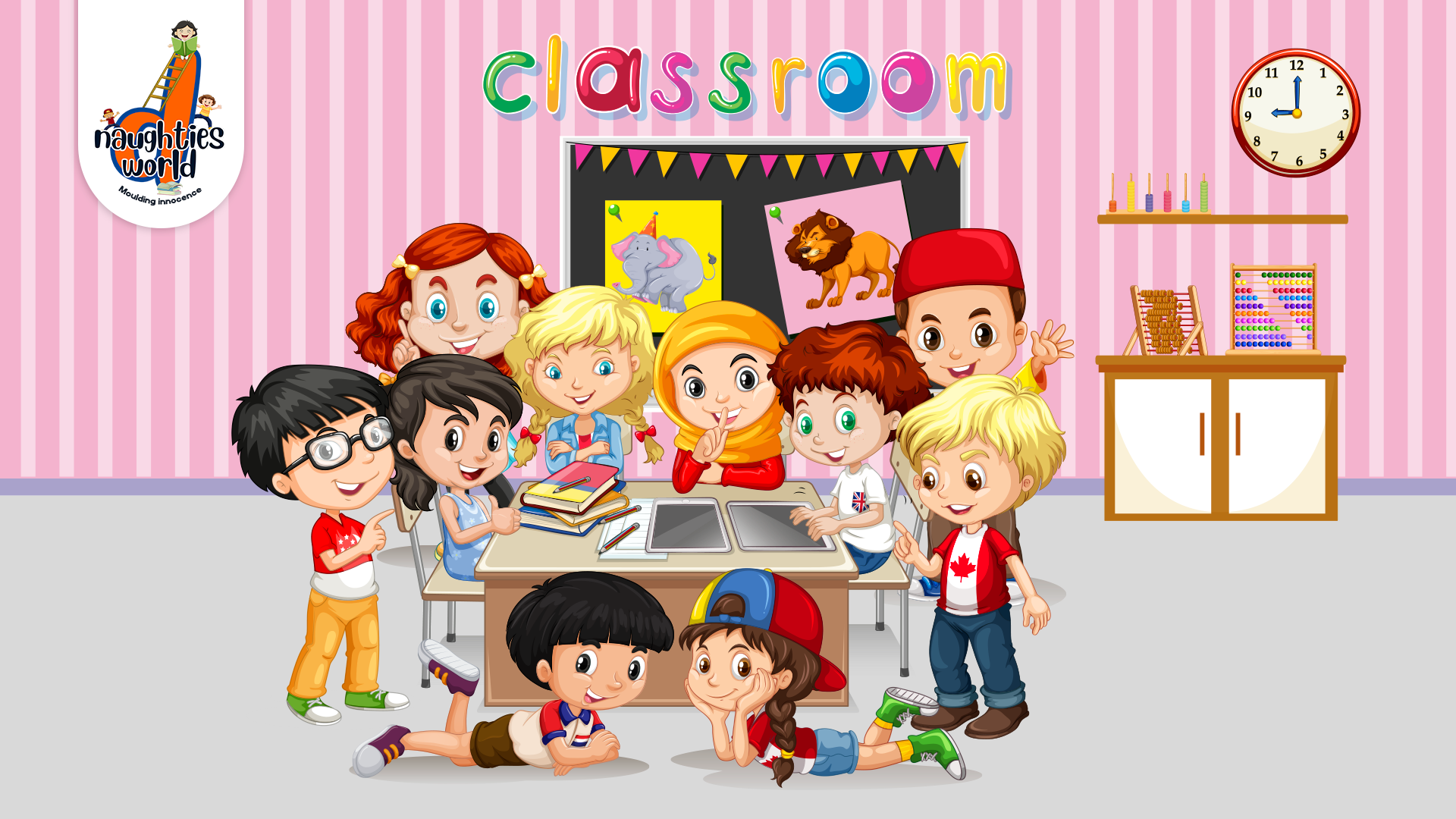 Kids in a colorful classroom learning and playing together with books and activities