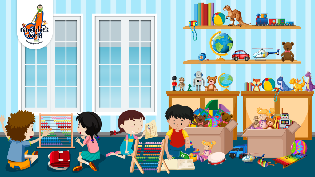 Kids playing and learning in a colorful classroom with toys and educational activities