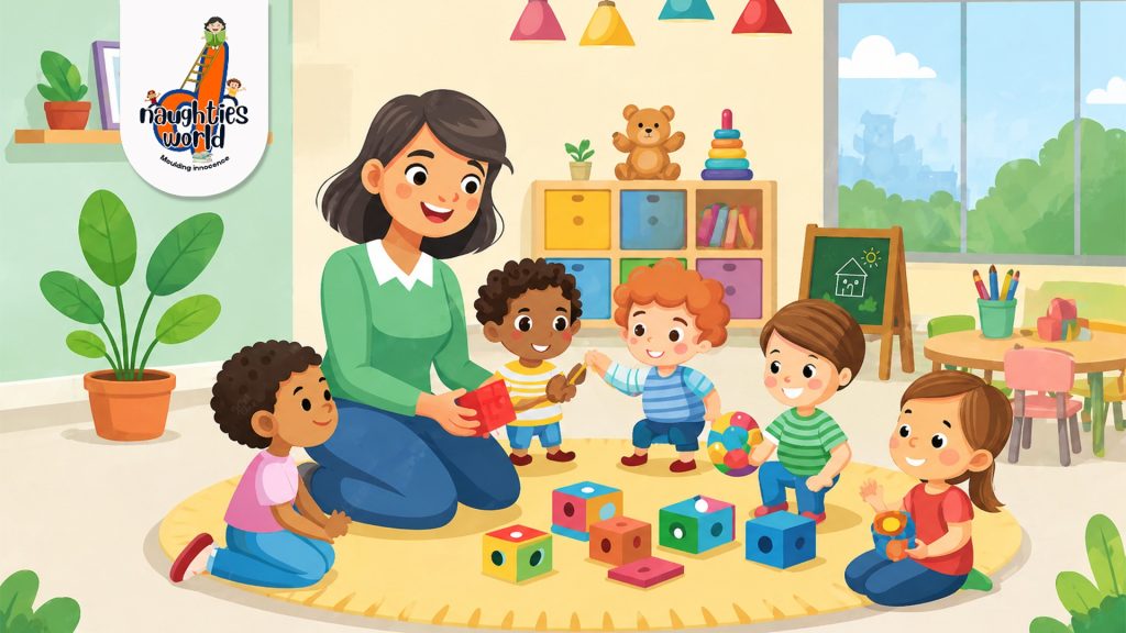Preschool class with teacher and kids playing and learning together