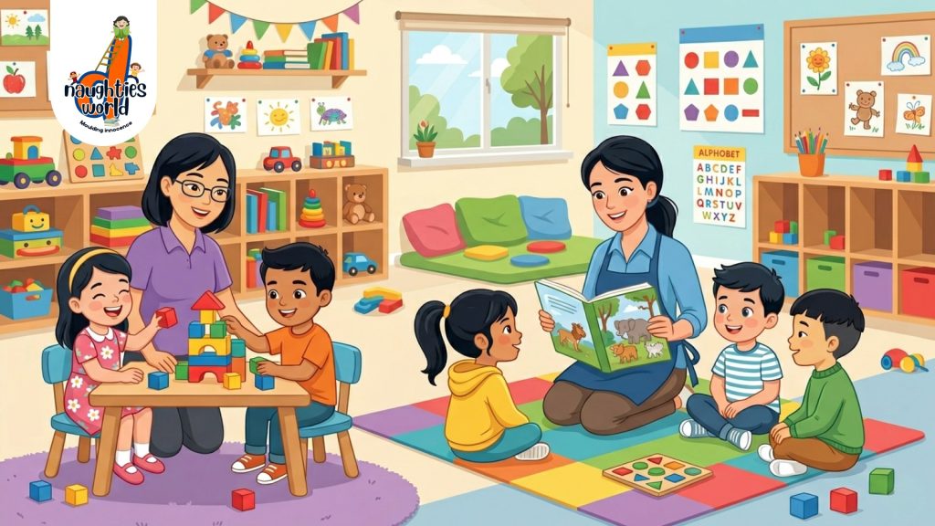 Preschool teachers engaging children in storytelling and educational play activities