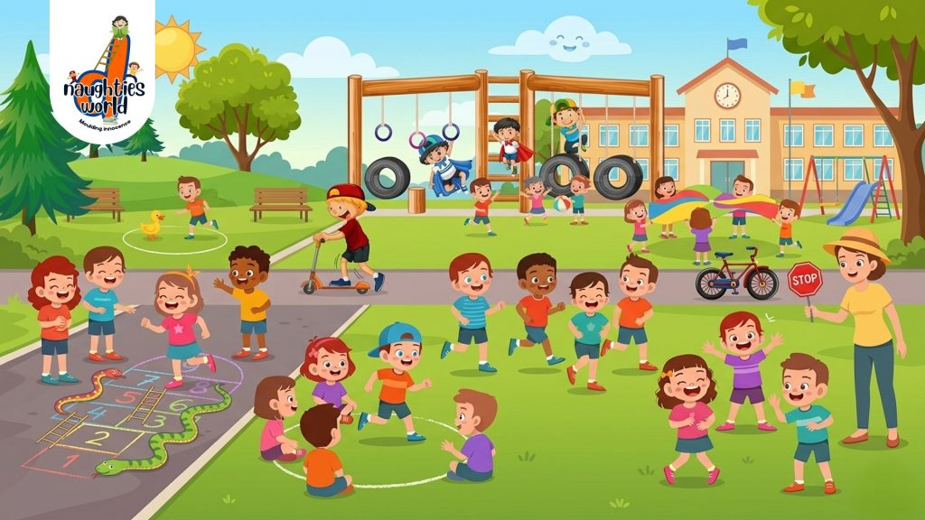 Children playing outdoor games and activities in a colorful preschool playground