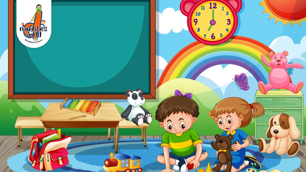 Kids playing in a colorful preschool classroom with toys, rainbow, and learning board
