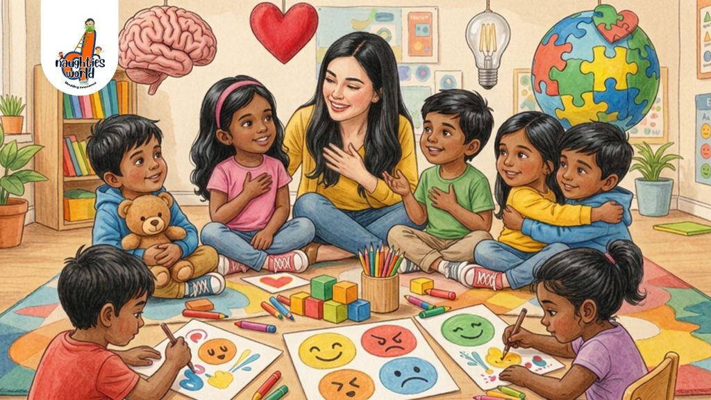 Teacher guiding children in an emotional learning activity in a preschool classroom