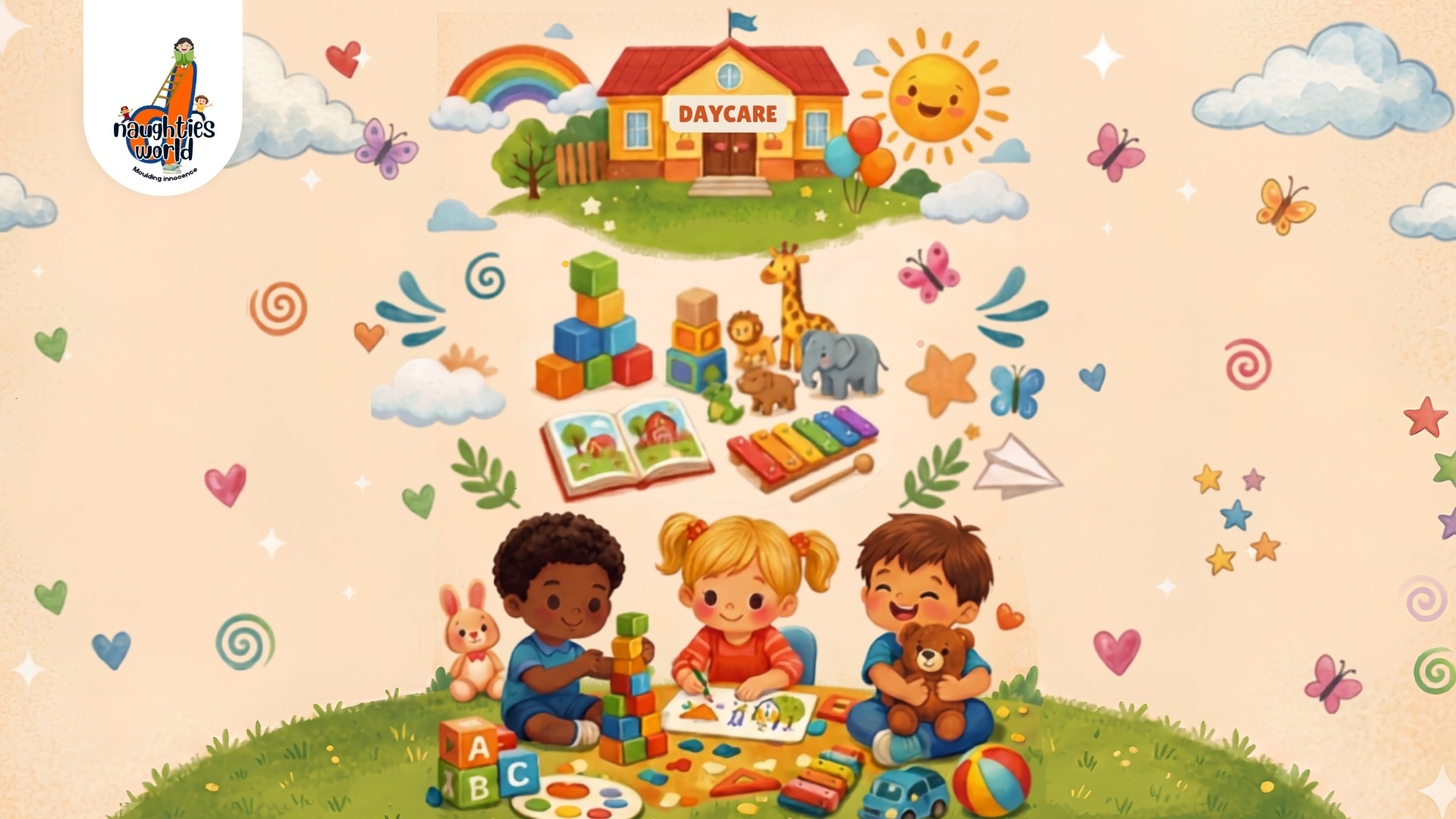 Children learning and playing with toys at a colorful daycare center illustration