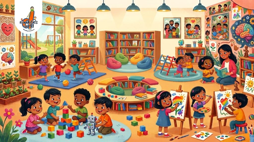 Children learning, playing, reading, and painting in a colorful preschool classroom