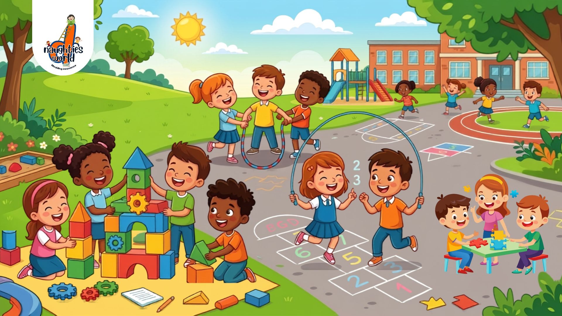 Children enjoying outdoor school games and learning activities at d Naughties World