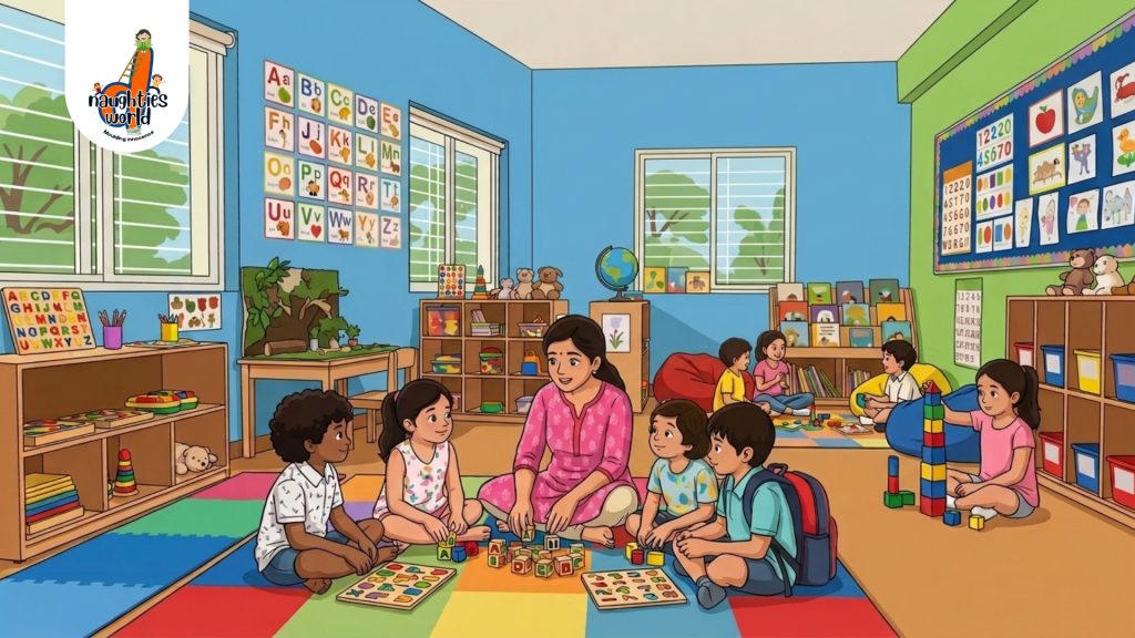 Preschool teacher engaging children in a colorful classroom with educational toys and books.