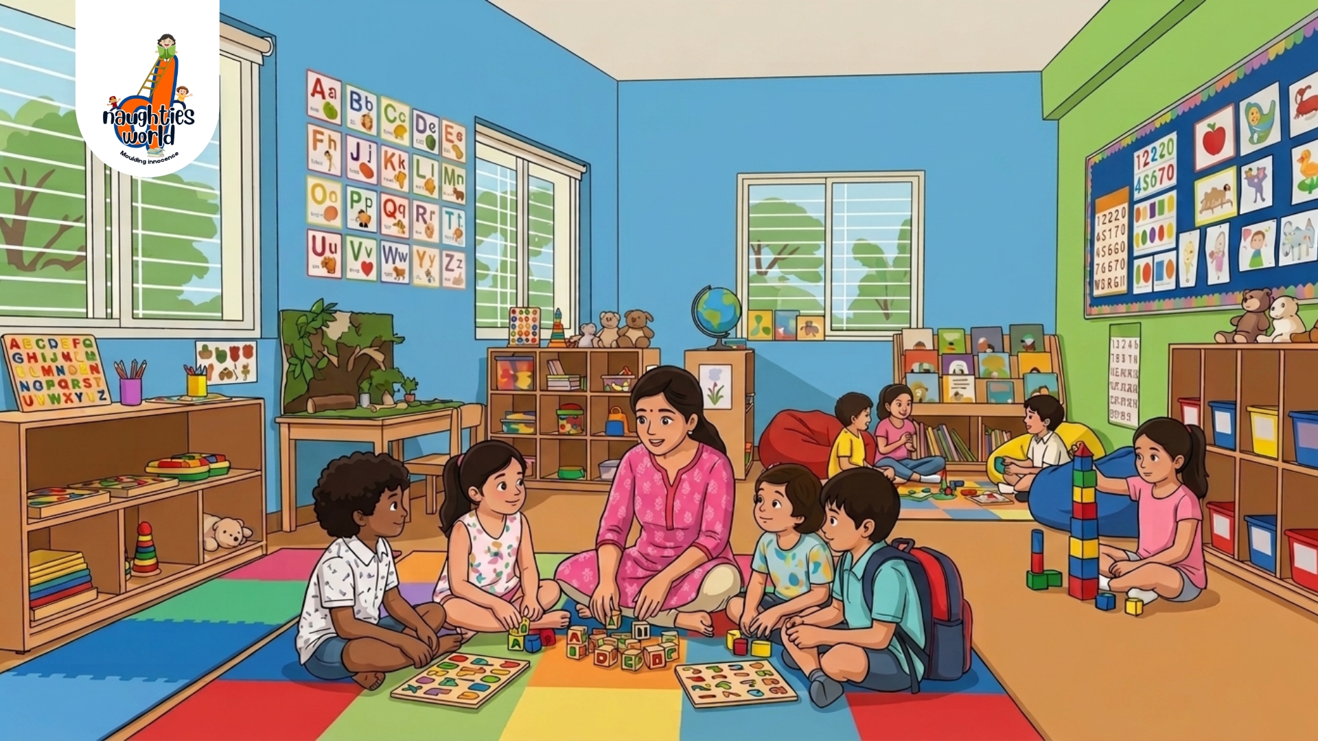 Preschool teacher engaging children in a colorful classroom with educational toys and books.