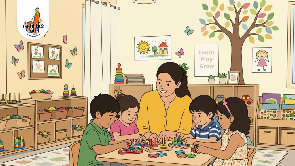 A teacher guiding four young children playing with colorful wooden shape toys