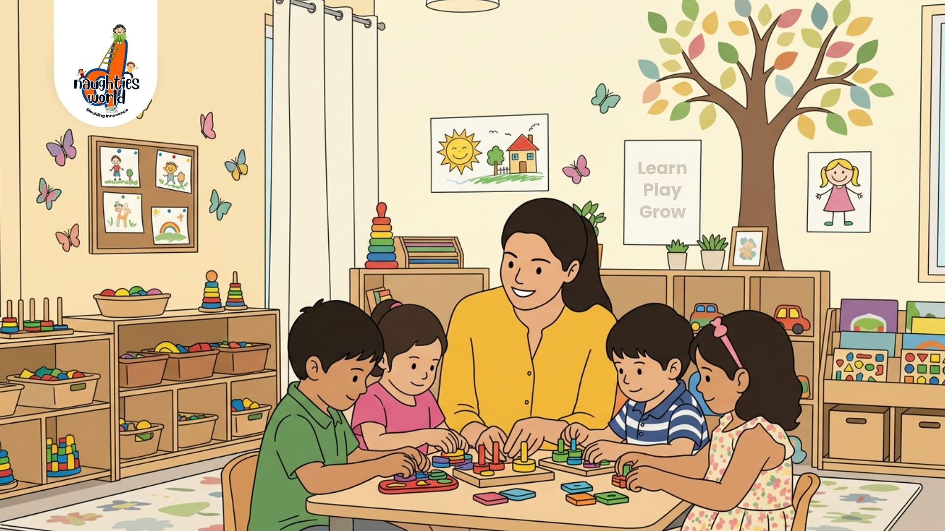 A teacher guiding four young children playing with colorful wooden shape toys