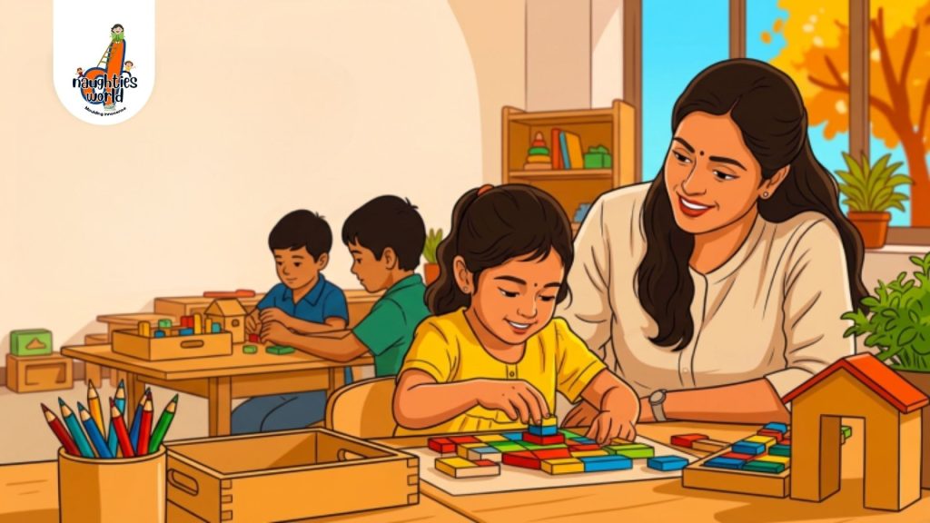 Teacher guiding preschool children through a colourful block-building activity