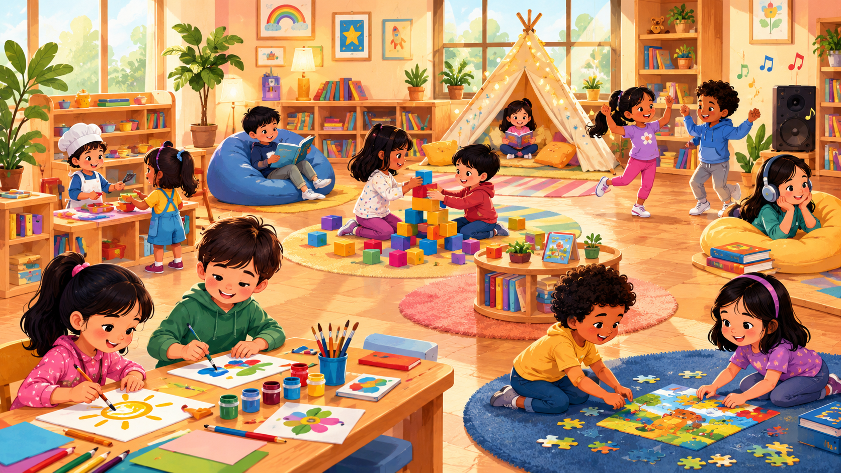 Children enjoying painting, puzzles, building blocks, and music in a colourful indoor playroom
